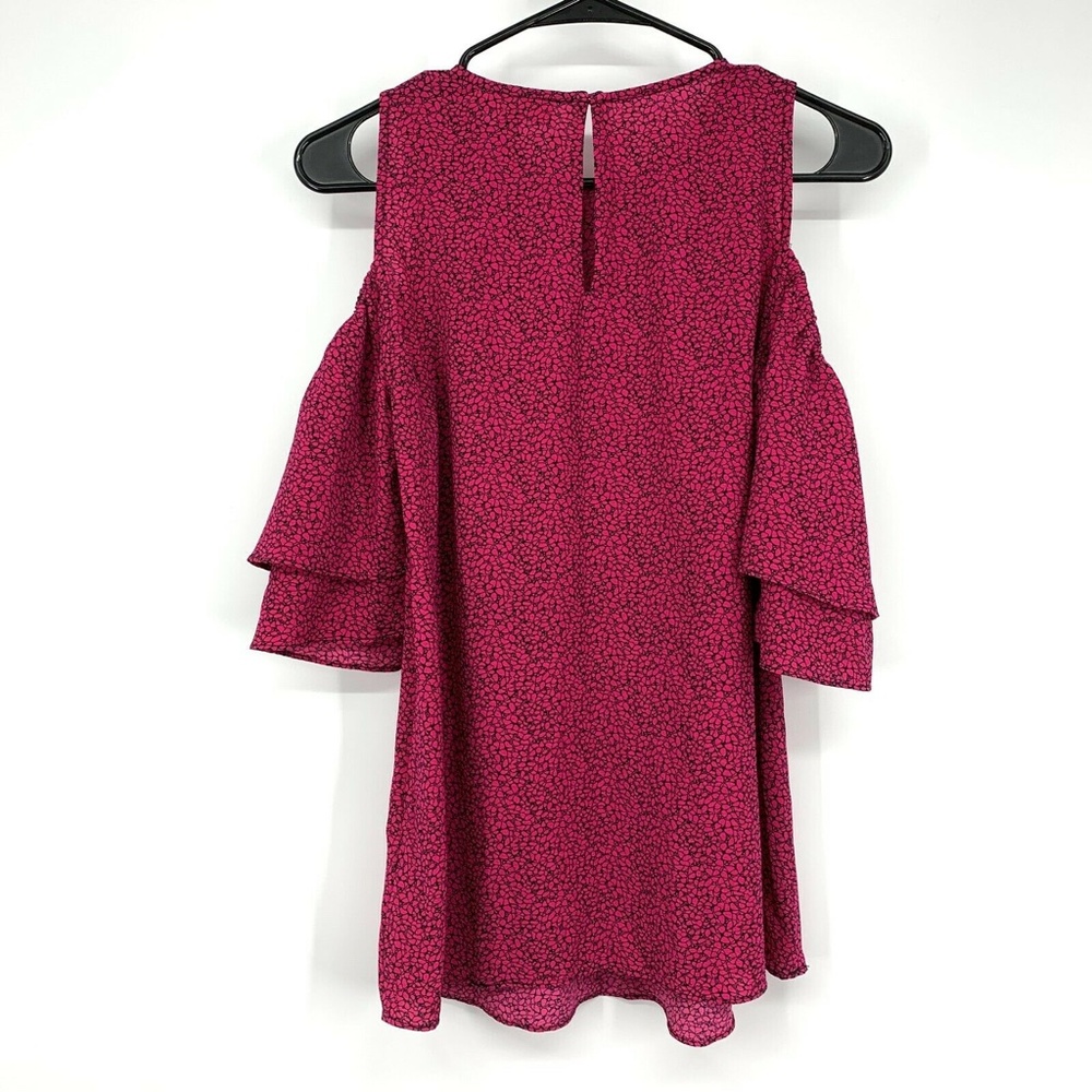 Michael Kors Top Pink Black Butterfly Print Cold Shoulder Ruffle - Picture 6 of 9